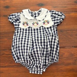 Remember Nguyen gingham plaid Thanksgiving turkey embroidered bubble romper 6m